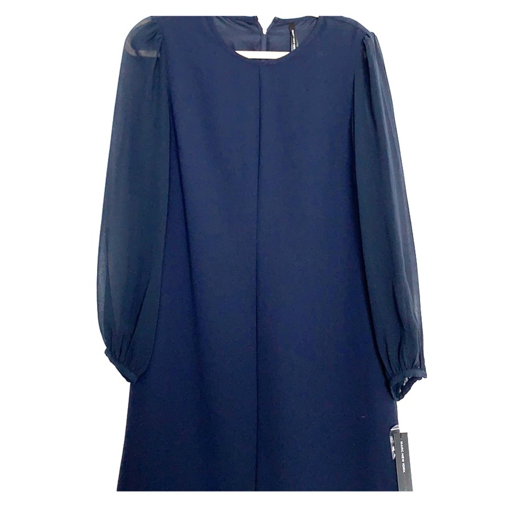 Dark blue dress with sheer sleeves and underslip.